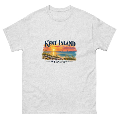 Front view of ash Kent Island Matapeake Sunset unisex T-shirt with Chesapeake Bay sunset artwork