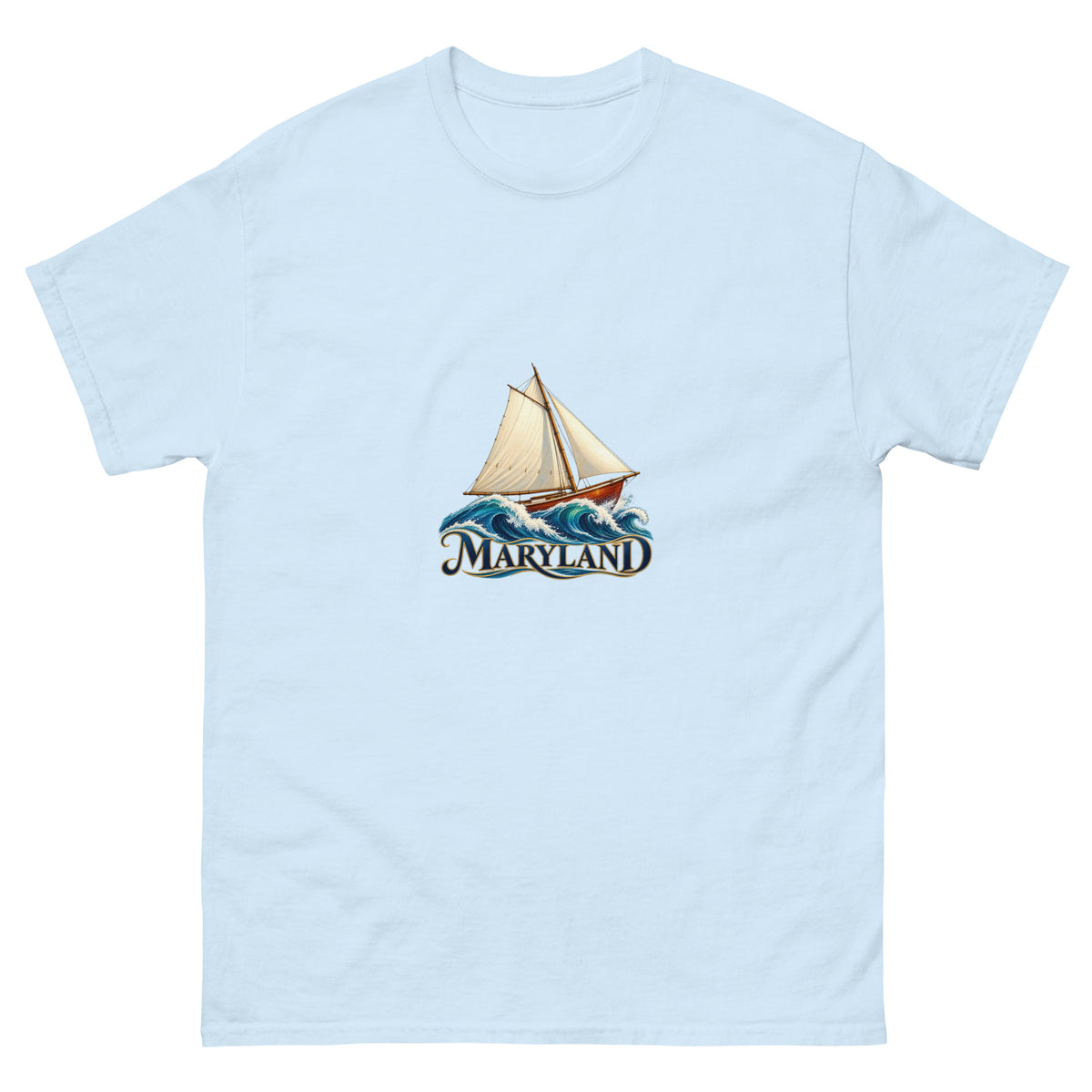Maryland Chesapeake skipjack graphic T-shirt in Light Blue, showing original sailboat artwork on the front.