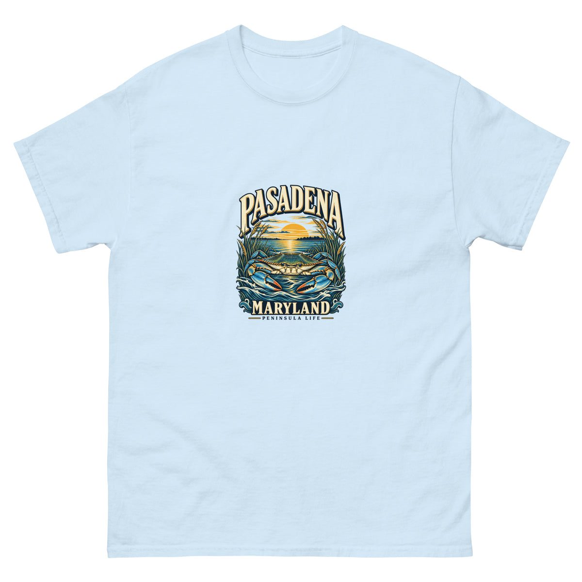 Pasadena Maryland Peninsula Life Blue Crab Unisex T-Shirt in Light Blue, showing the original printed front design