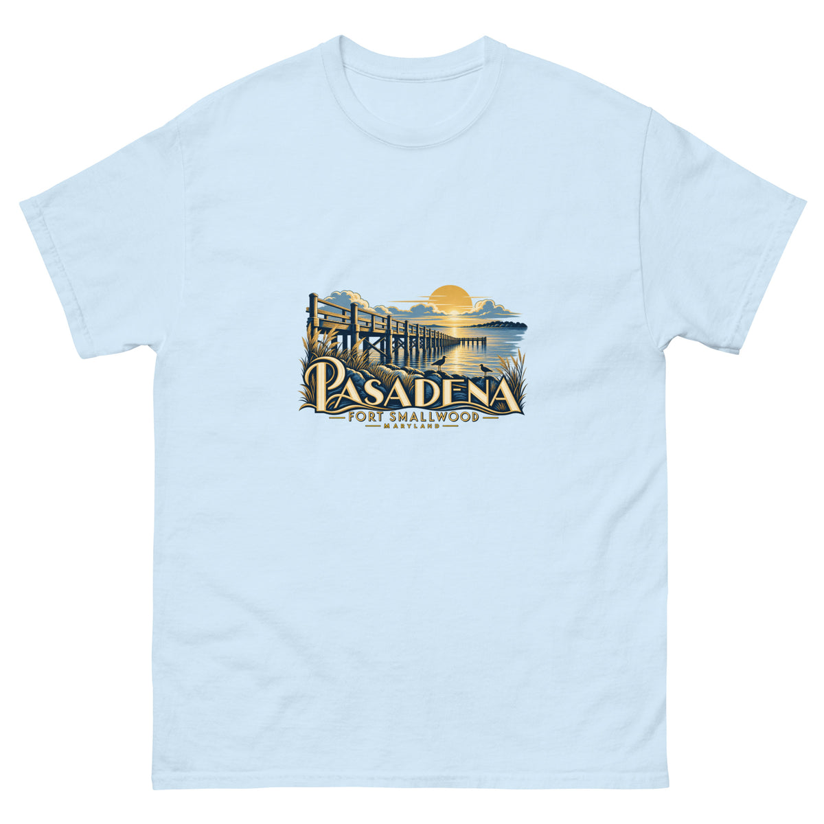 Pasadena Maryland Fort Smallwood Pier Unisex T-Shirt in Light Blue, showing the original printed front design