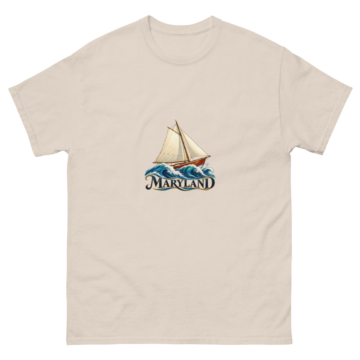 Maryland Chesapeake skipjack graphic T-shirt in Natural, showing original sailboat artwork on the front.