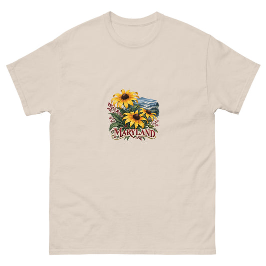 Maryland Mountain Wildflowers Unisex Cotton T-Shirt in Natural, showing the original printed front design