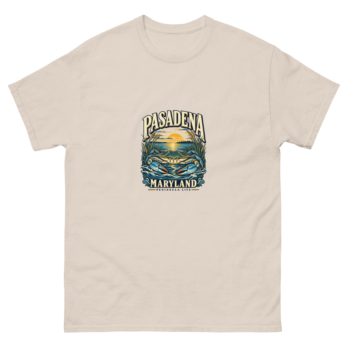 Pasadena Maryland Peninsula Life Blue Crab Unisex T-Shirt in Natural, showing the original printed front design