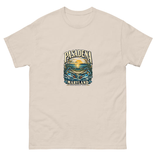 Pasadena Maryland Peninsula Life Blue Crab Unisex T-Shirt in Natural, showing the original printed front design