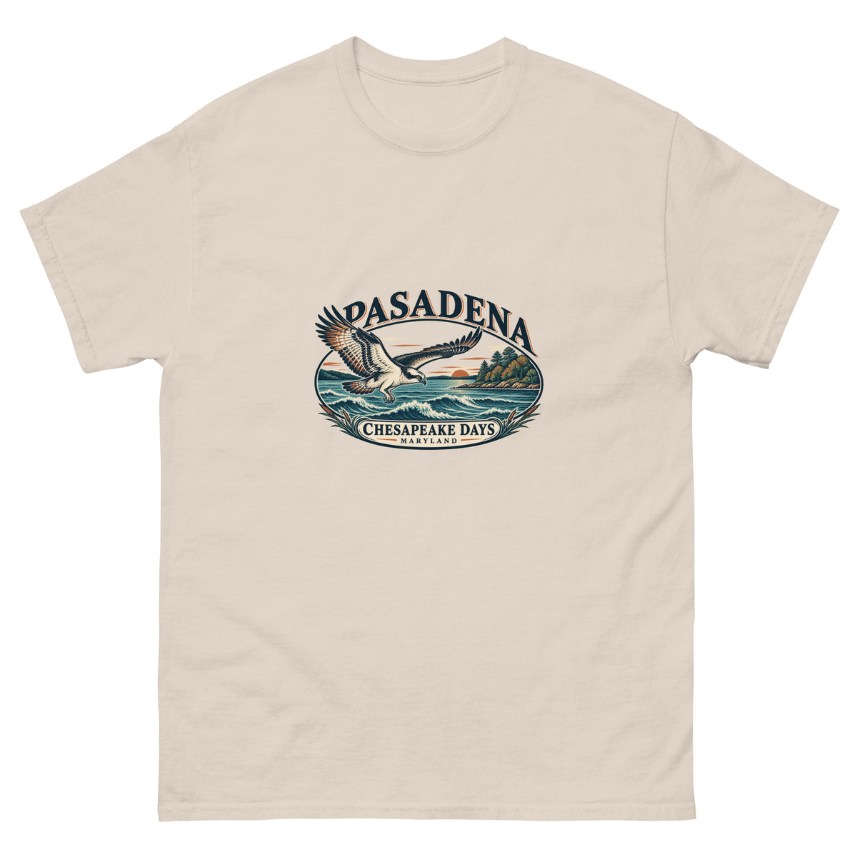 Pasadena Maryland Chesapeake Days Osprey Unisex T-Shirt in Natural, showing the original printed front design