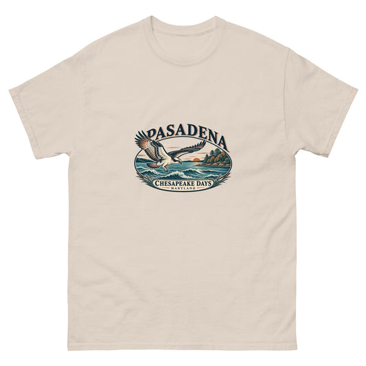 Pasadena Maryland Chesapeake Days Osprey Unisex T-Shirt in Natural, showing the original printed front design