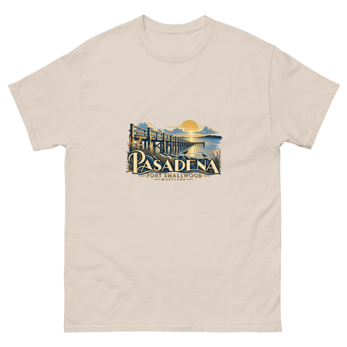 Pasadena Maryland Fort Smallwood Pier Unisex T-Shirt in Natural, showing the original printed front design
