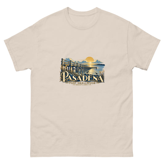 Pasadena Maryland Fort Smallwood Pier Unisex T-Shirt in Natural, showing the original printed front design