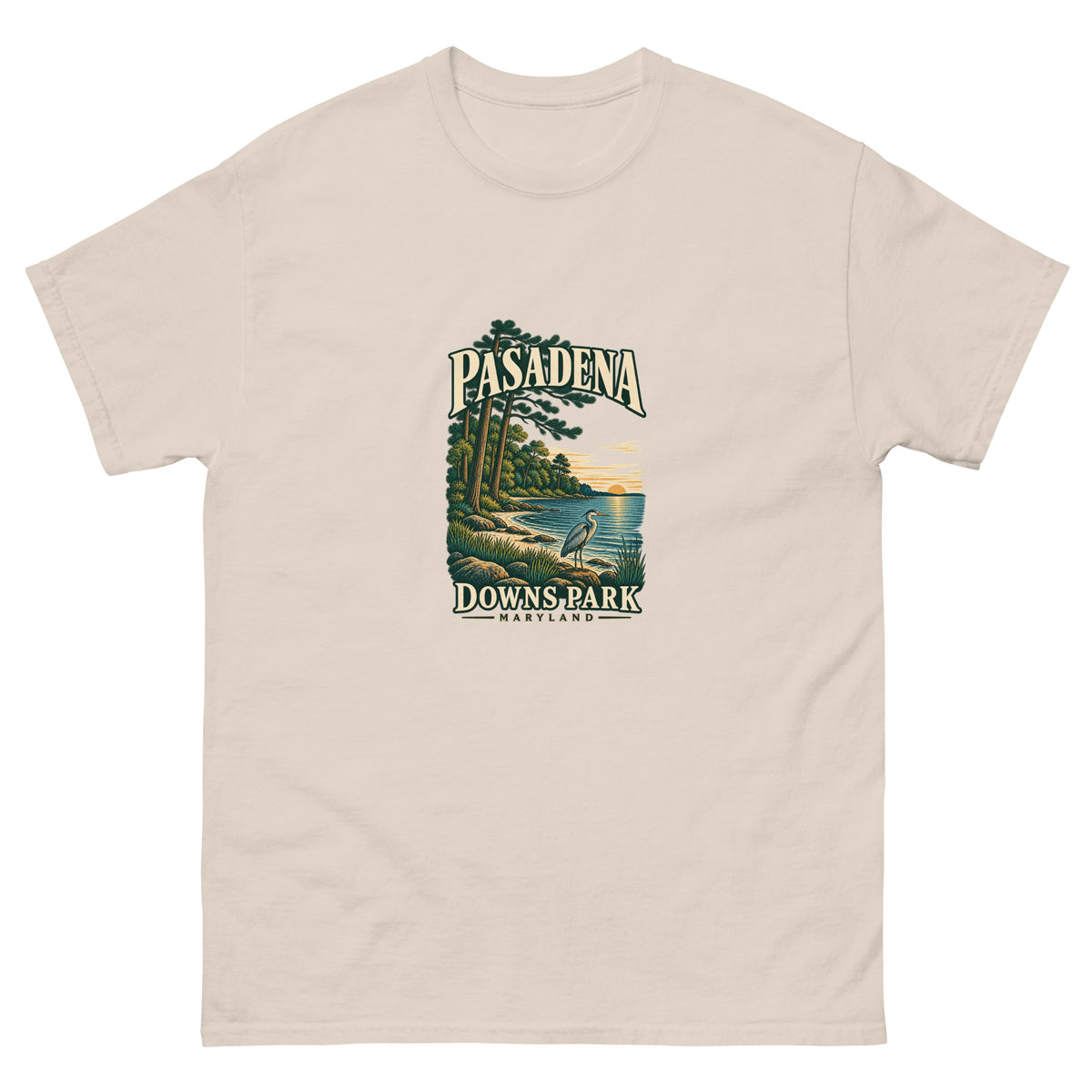 Pasadena Maryland Downs Park Shoreline Unisex T-Shirt in Natural, showing the original printed front design