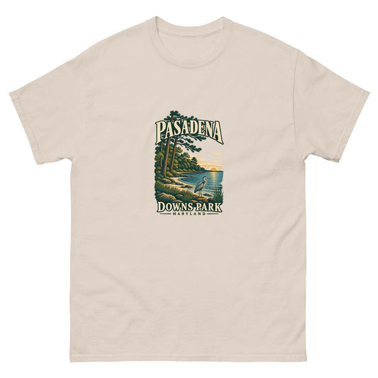 Pasadena Maryland Downs Park Shoreline Unisex T-Shirt in Natural, showing the original printed front design