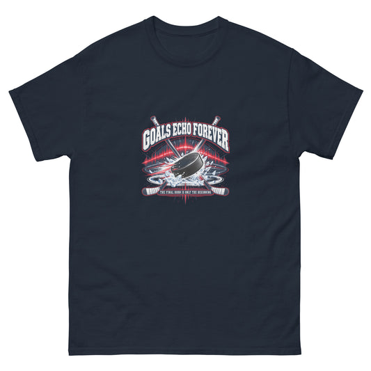 Goals Echo Forever Hockey Legacy Unisex T-Shirt in navy, front view