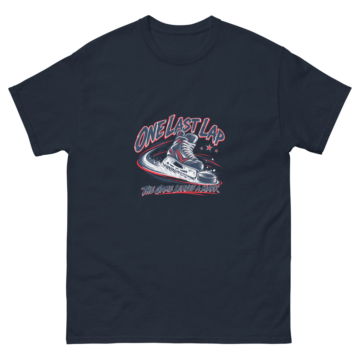 One Last Lap Hockey Farewell Unisex T-Shirt in navy, front view