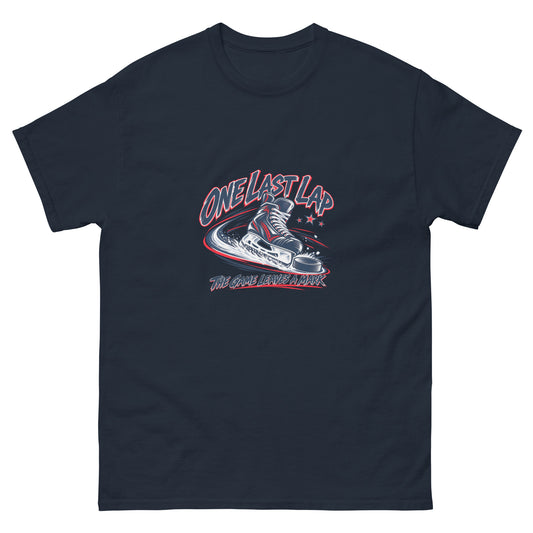 One Last Lap Hockey Farewell Unisex T-Shirt in navy, front view