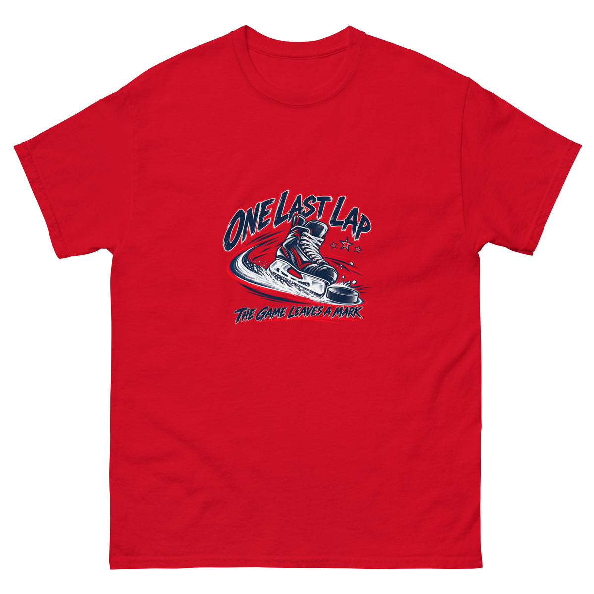 One Last Lap Hockey Farewell Unisex T-Shirt in red, front view