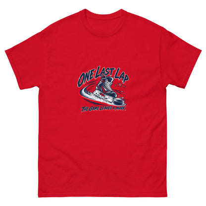One Last Lap Hockey Farewell Unisex T-Shirt in red, front view