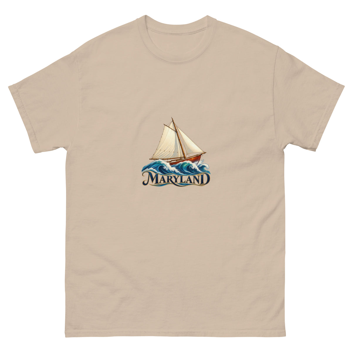 Maryland Chesapeake skipjack graphic T-shirt in Sand, showing original sailboat artwork on the front.