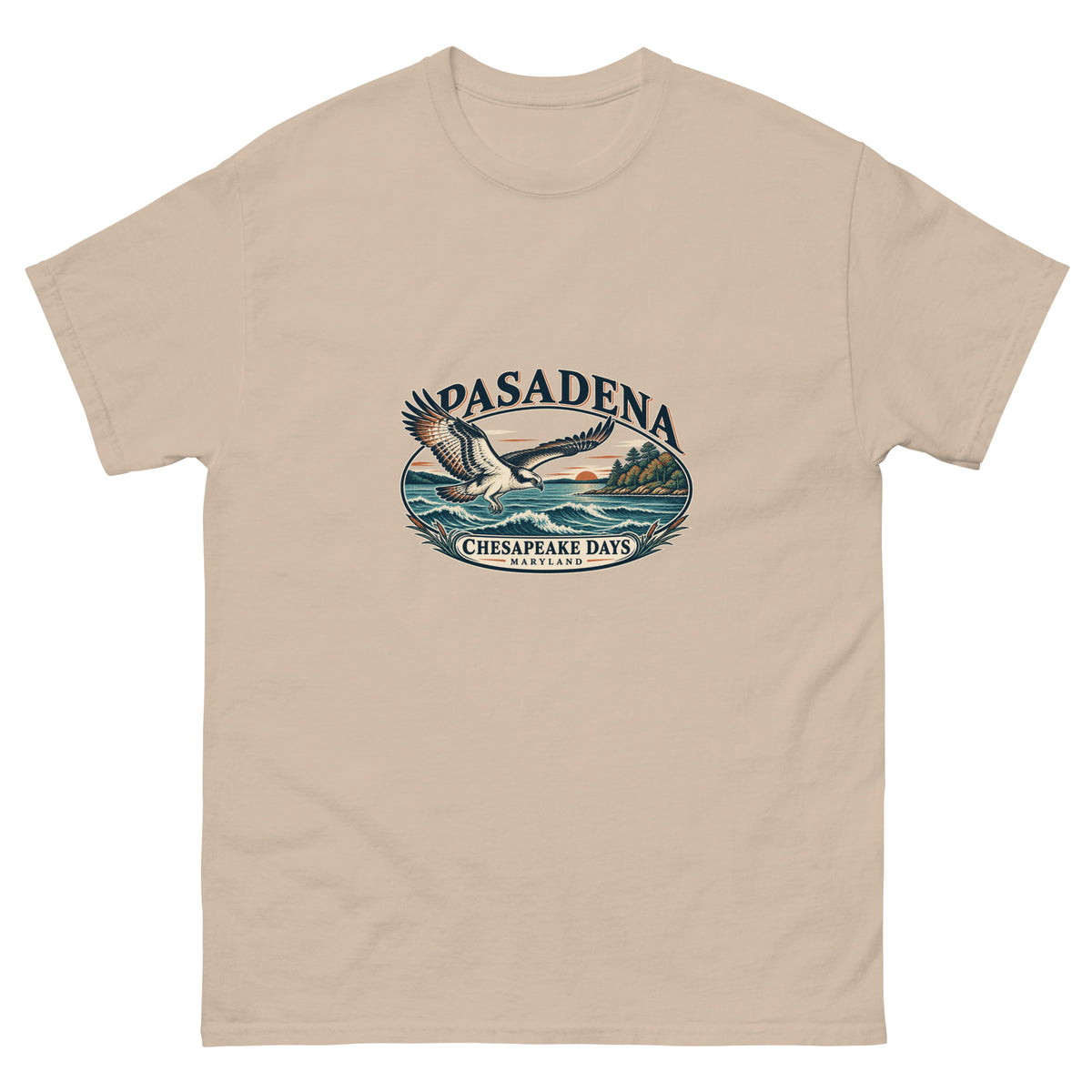 Pasadena Maryland Chesapeake Days Osprey Unisex T-Shirt in Sand, showing the original printed front design