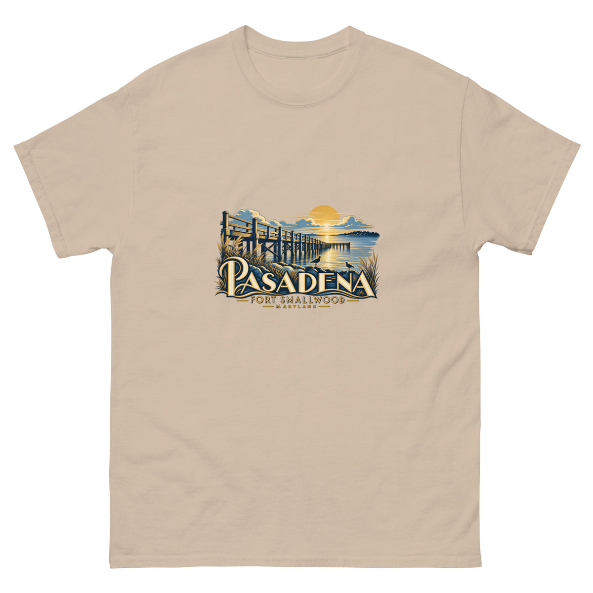 Pasadena Maryland Fort Smallwood Pier Unisex T-Shirt in Sand, showing the original printed front design