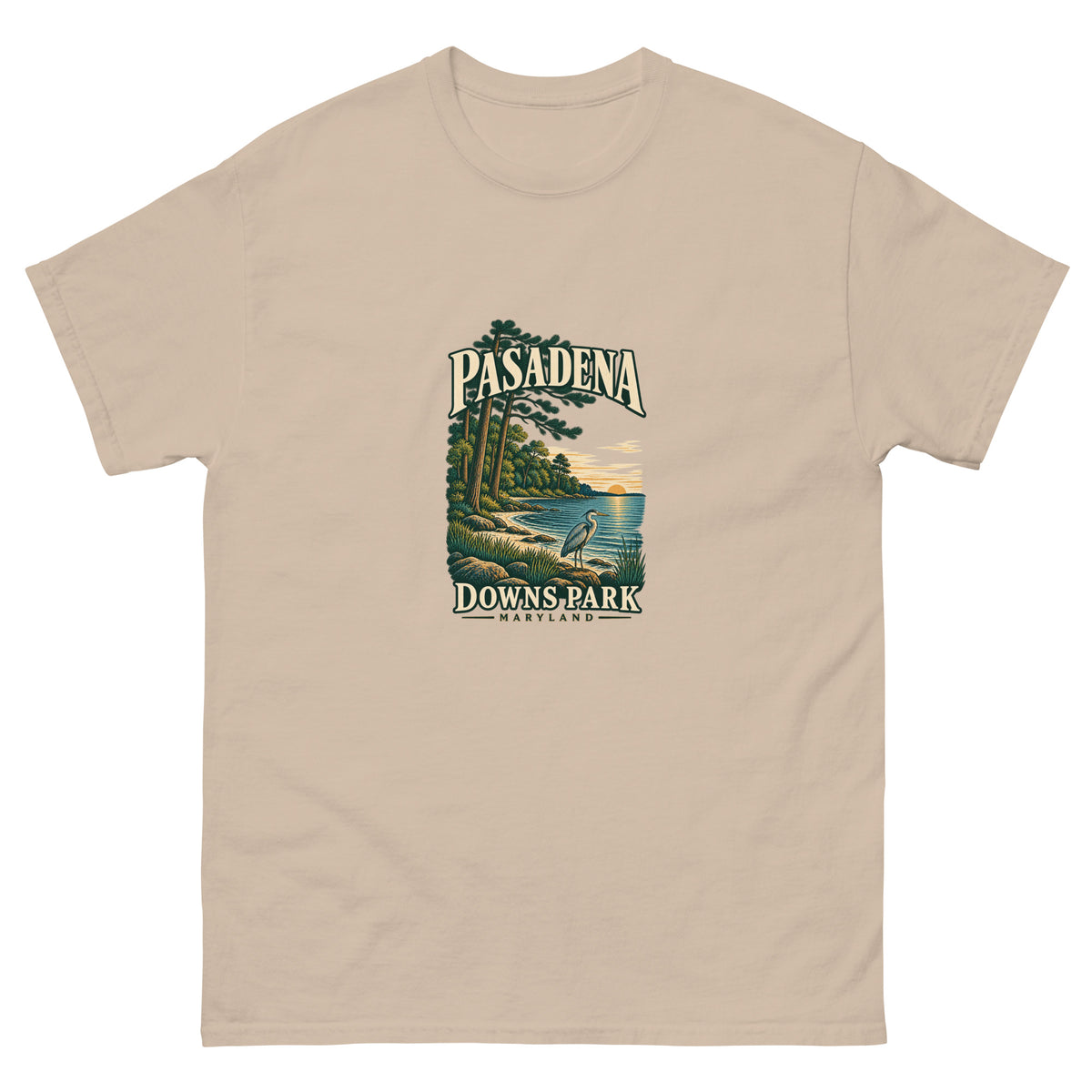 Pasadena Maryland Downs Park Shoreline Unisex T-Shirt in Sand, showing the original printed front design