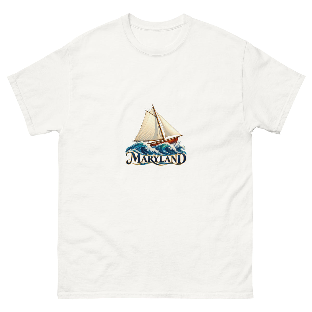 Maryland Chesapeake skipjack graphic T-shirt in White, showing original sailboat artwork on the front.
