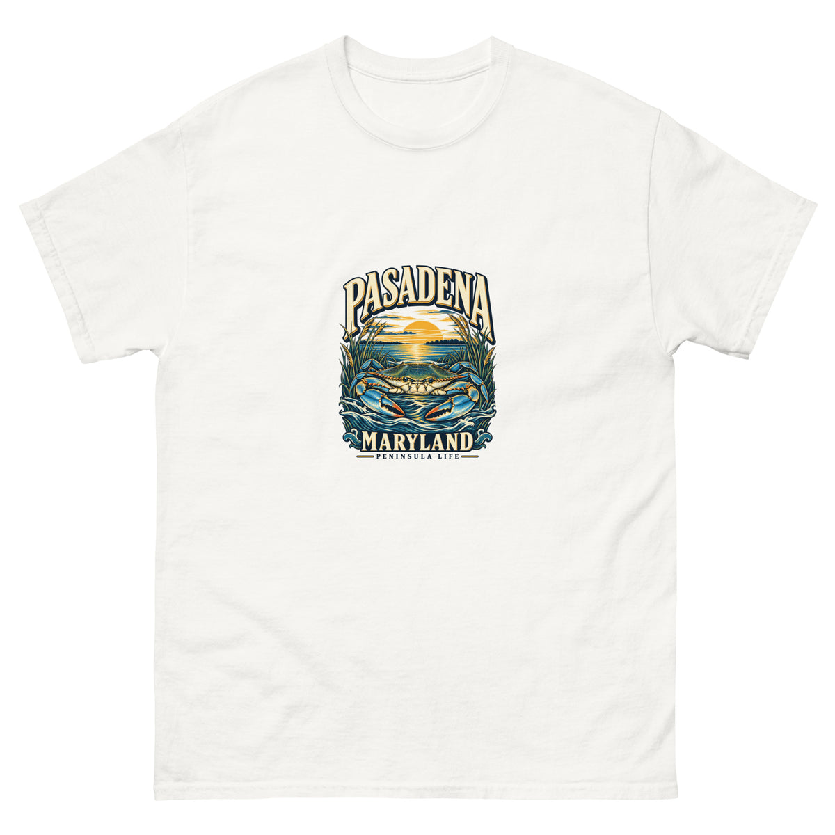 Pasadena Maryland Peninsula Life Blue Crab Unisex T-Shirt in White, showing the original printed front design
