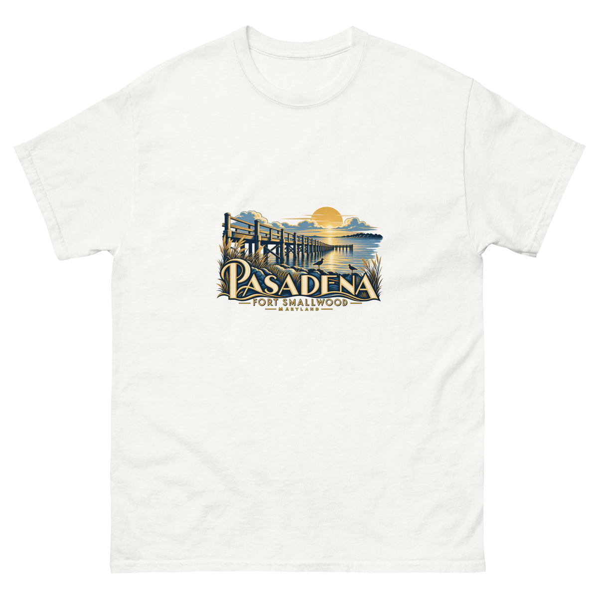 Pasadena Maryland Fort Smallwood Pier Unisex T-Shirt in White, showing the original printed front design
