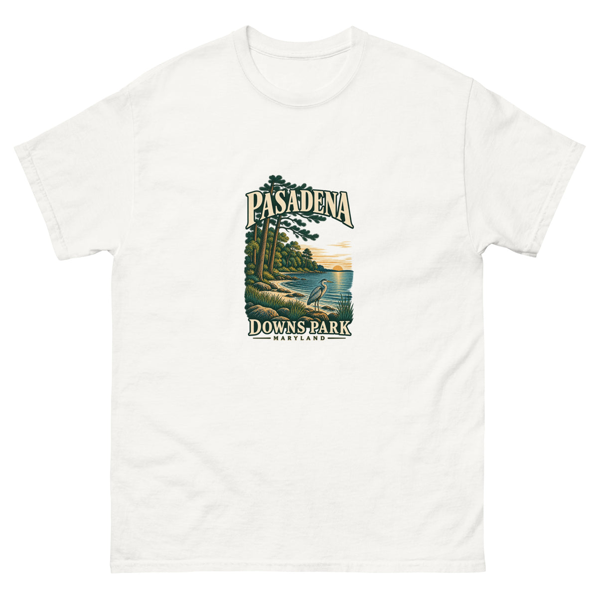 Pasadena Maryland Downs Park Shoreline Unisex T-Shirt in White, showing the original printed front design