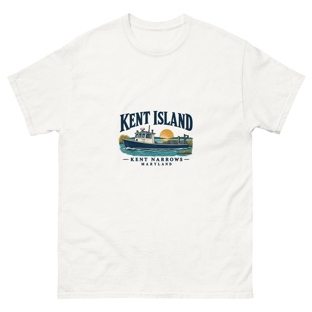 White Kent Island Kent Narrows T-shirt with Chesapeake workboat illustration on the front