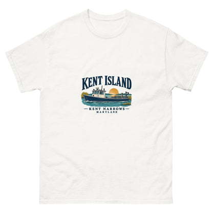 White Kent Island Kent Narrows T-shirt with Chesapeake workboat illustration on the front