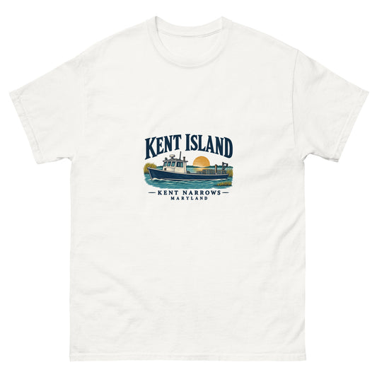 White Kent Island Kent Narrows T-shirt with Chesapeake workboat illustration on the front