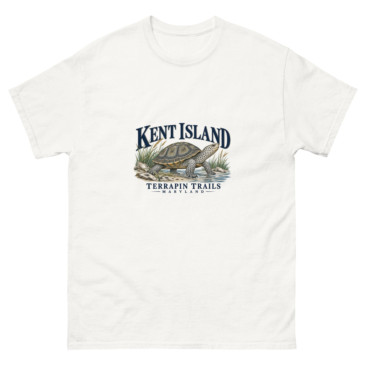 Front view of White Kent Island Terrapin Trails unisex T-shirt with diamondback terrapin illustration