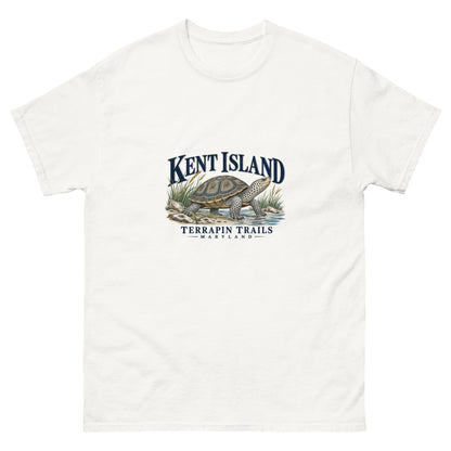 Front view of White Kent Island Terrapin Trails unisex T-shirt with diamondback terrapin illustration