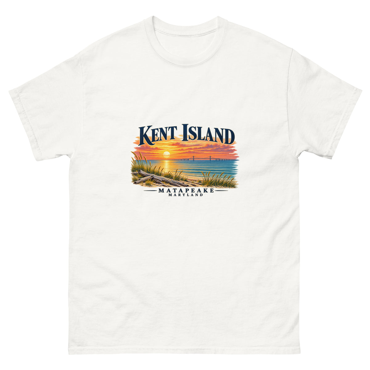 Front view of white Kent Island Matapeake Sunset unisex T-shirt with Chesapeake Bay sunset artwork