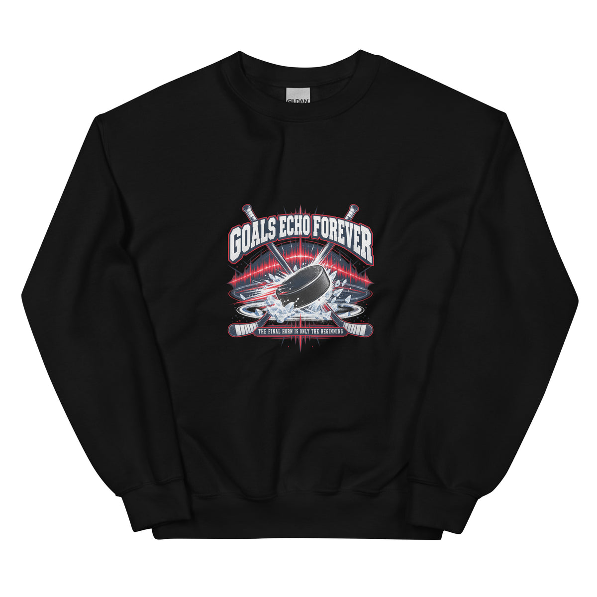Goals Echo Forever hockey crewneck sweatshirt in black, front graphic view
