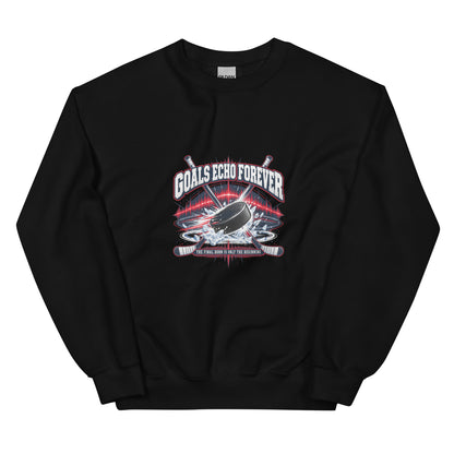 Goals Echo Forever hockey crewneck sweatshirt in black, front graphic view