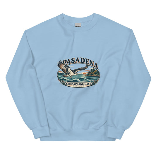 Original Pasadena Maryland Chesapeake Days osprey artwork printed on the front of the Light Blue Gildan 18000 crewneck sweatshirt