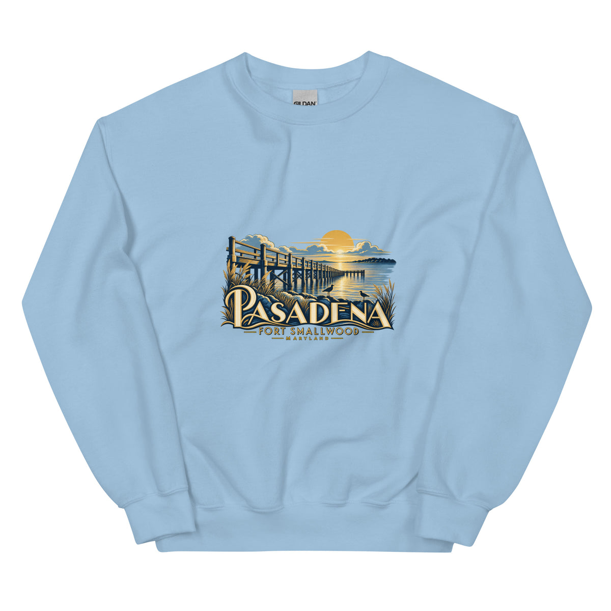 Original Pasadena Maryland Fort Smallwood Pier artwork printed on the front of the Light Blue Gildan 18000 crewneck sweatshirt