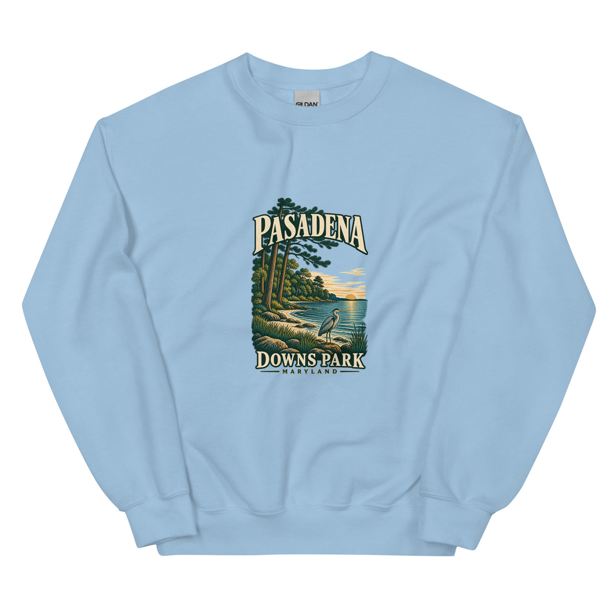 Pasadena Maryland Downs Park Shoreline crewneck sweatshirt in Light Blue, front view showing the complete printed design
