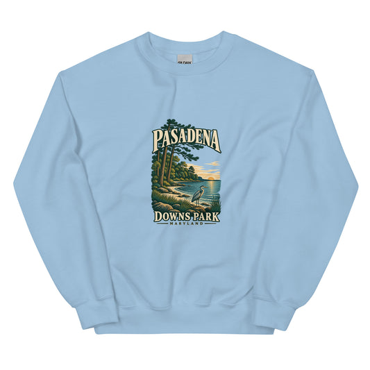 Pasadena Maryland Downs Park Shoreline crewneck sweatshirt in Light Blue, front view showing the complete printed design