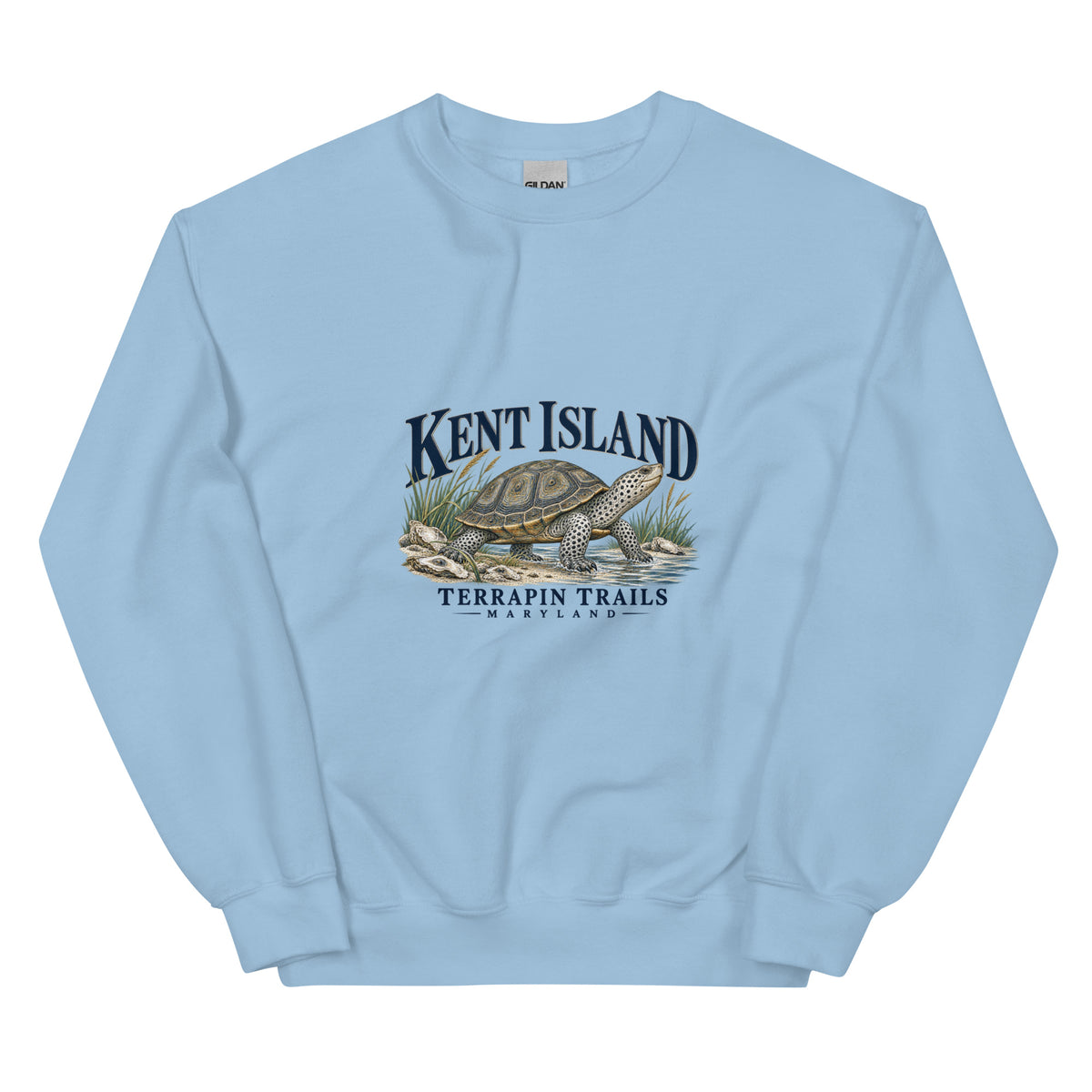 Light Blue Kent Island Terrapin Trails sweatshirt with diamondback terrapin and shoreline artwork on the front