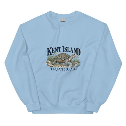 Light Blue Kent Island Terrapin Trails sweatshirt with diamondback terrapin and shoreline artwork on the front