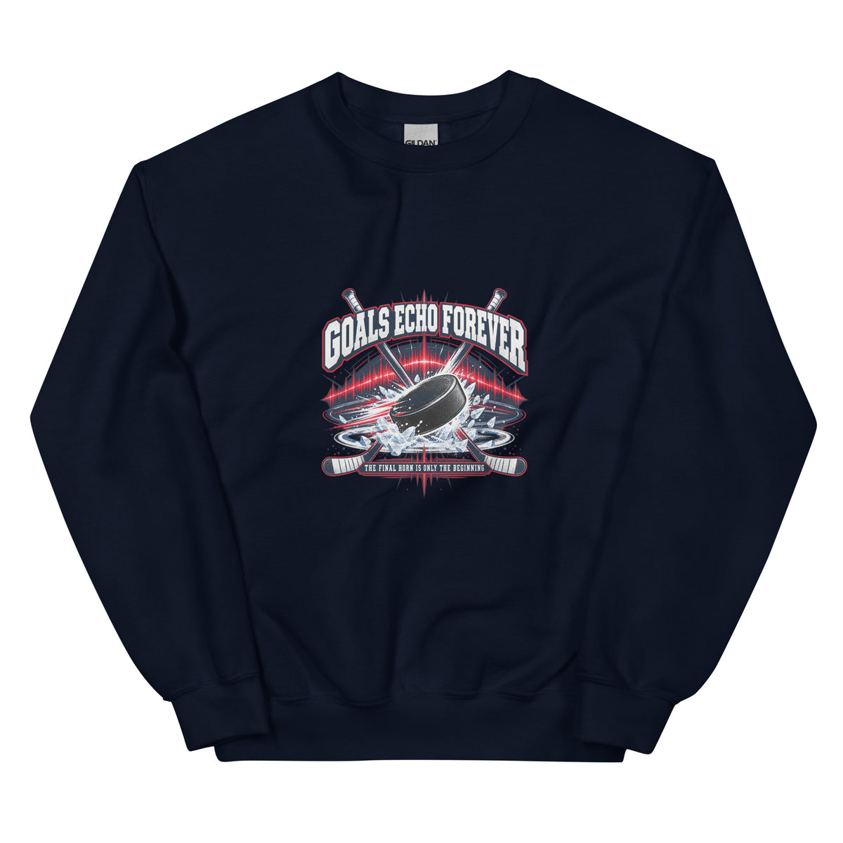 Goals Echo Forever hockey crewneck sweatshirt in navy, front graphic view
