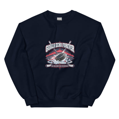 Goals Echo Forever hockey crewneck sweatshirt in navy, front graphic view