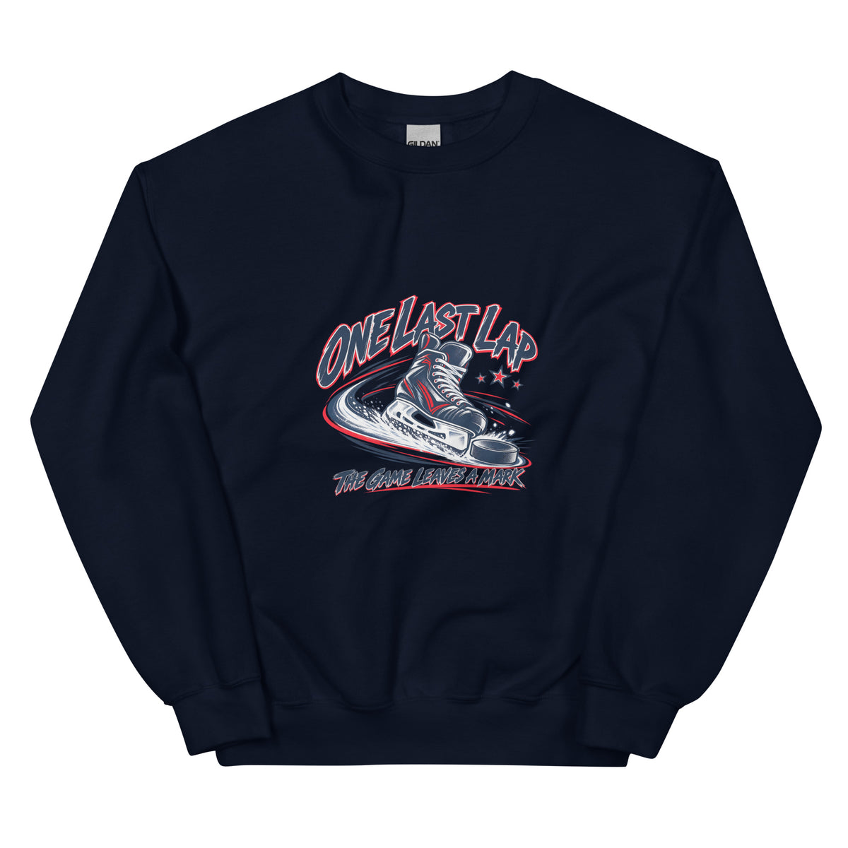 One Last Lap Hockey Farewell Crewneck Sweatshirt in navy, front view