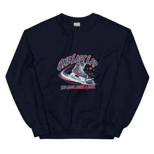 One Last Lap Hockey Farewell Crewneck Sweatshirt in navy, front view