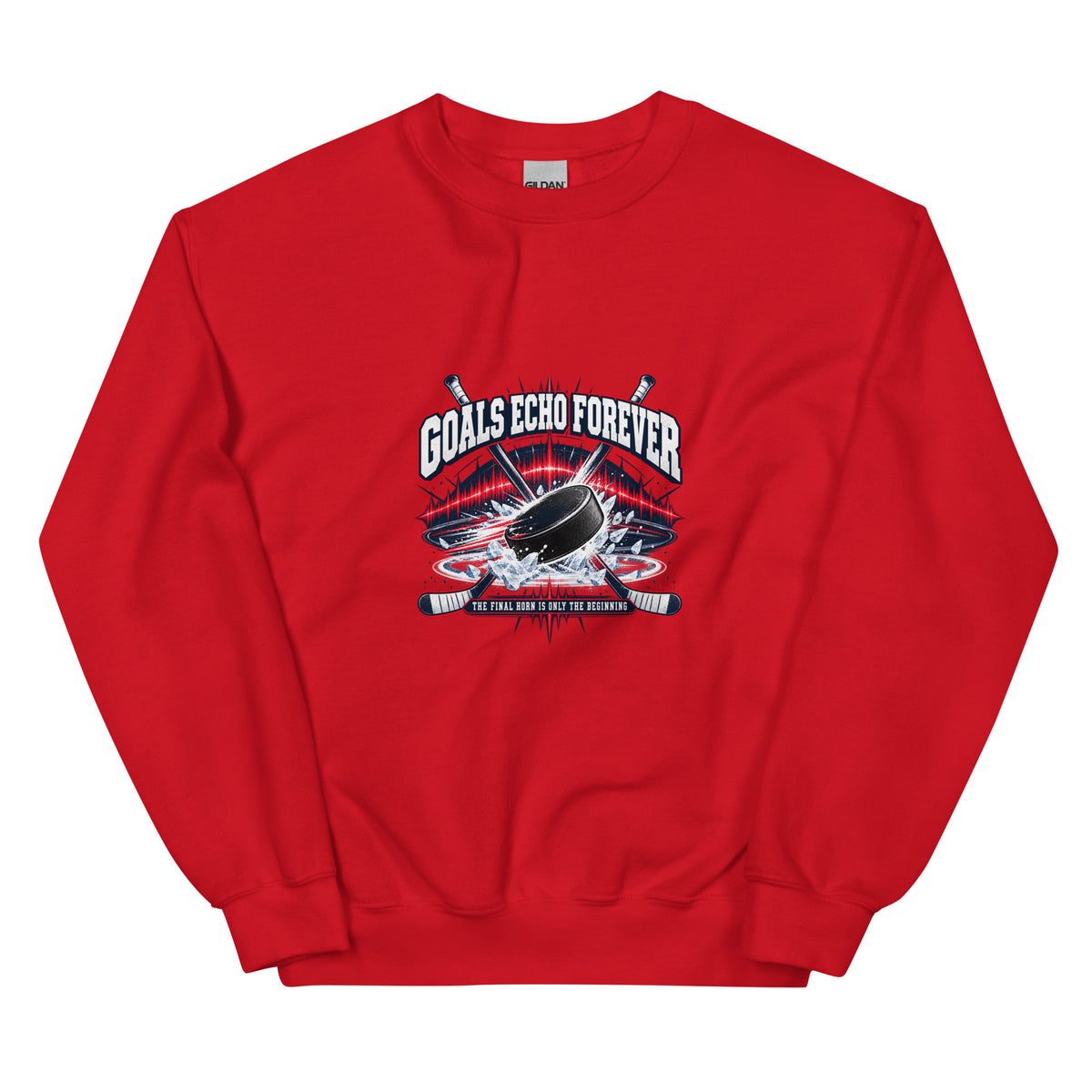 Goals Echo Forever hockey crewneck sweatshirt in red, front graphic view