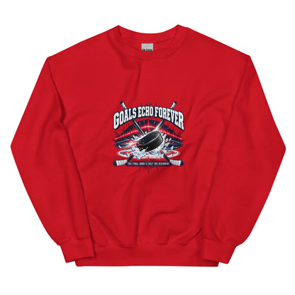 Goals Echo Forever hockey crewneck sweatshirt in red, front graphic view