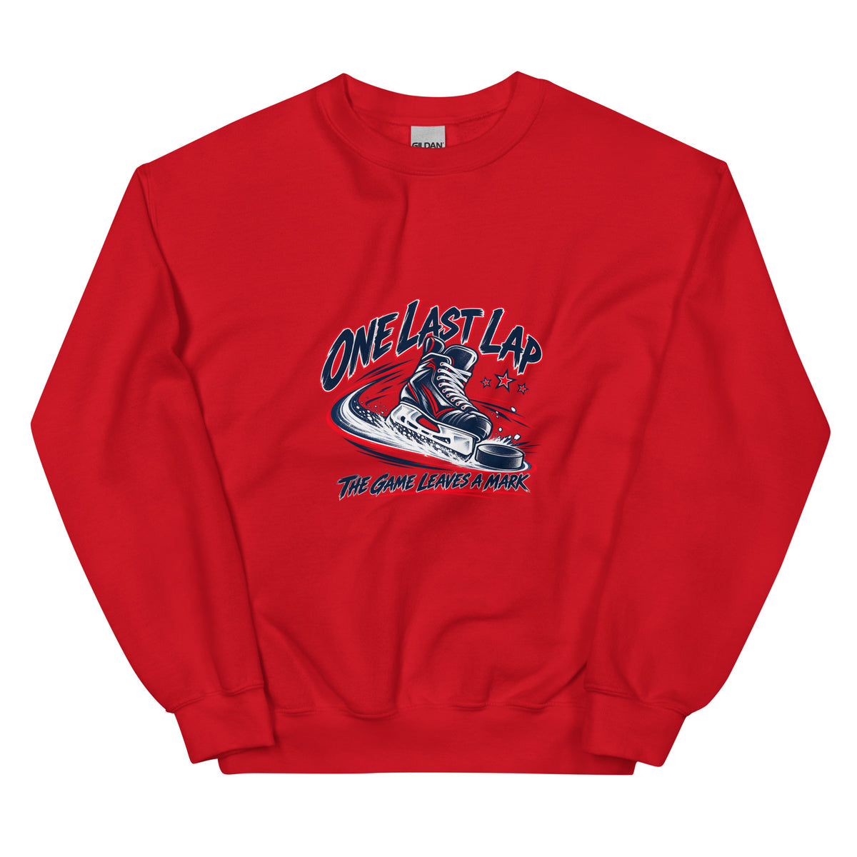 One Last Lap Hockey Farewell Crewneck Sweatshirt in red, front view
