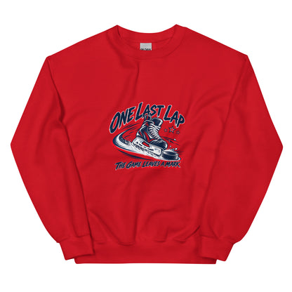 One Last Lap Hockey Farewell Crewneck Sweatshirt in red, front view