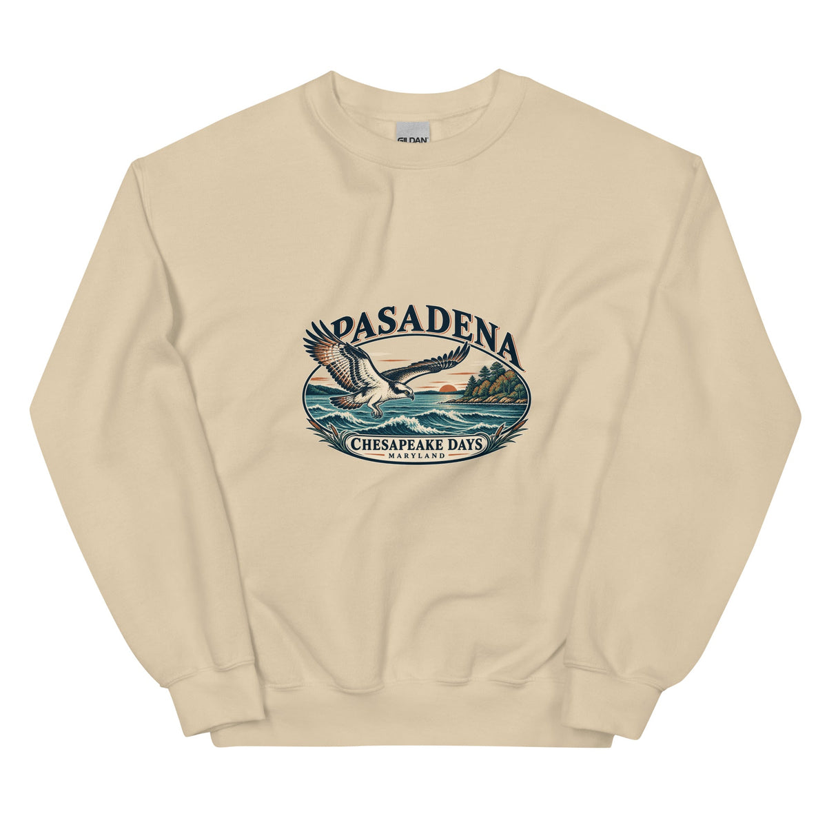 Original Pasadena Maryland Chesapeake Days osprey artwork printed on the front of the Sand Gildan 18000 crewneck sweatshirt